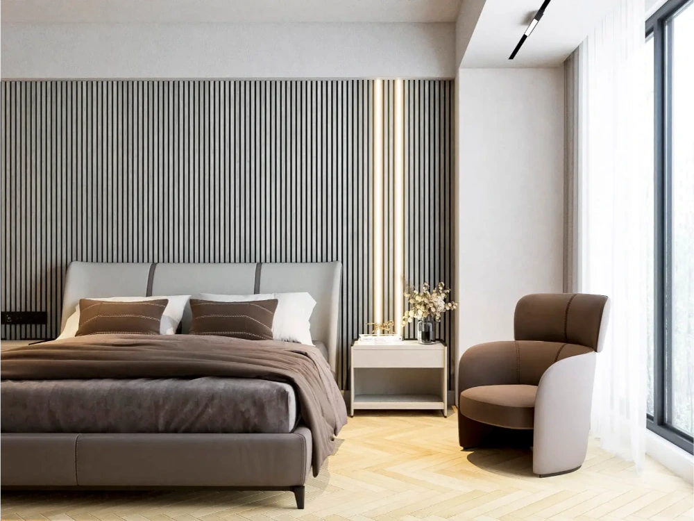 LED strips lighting a feature wall behind a bed headboard