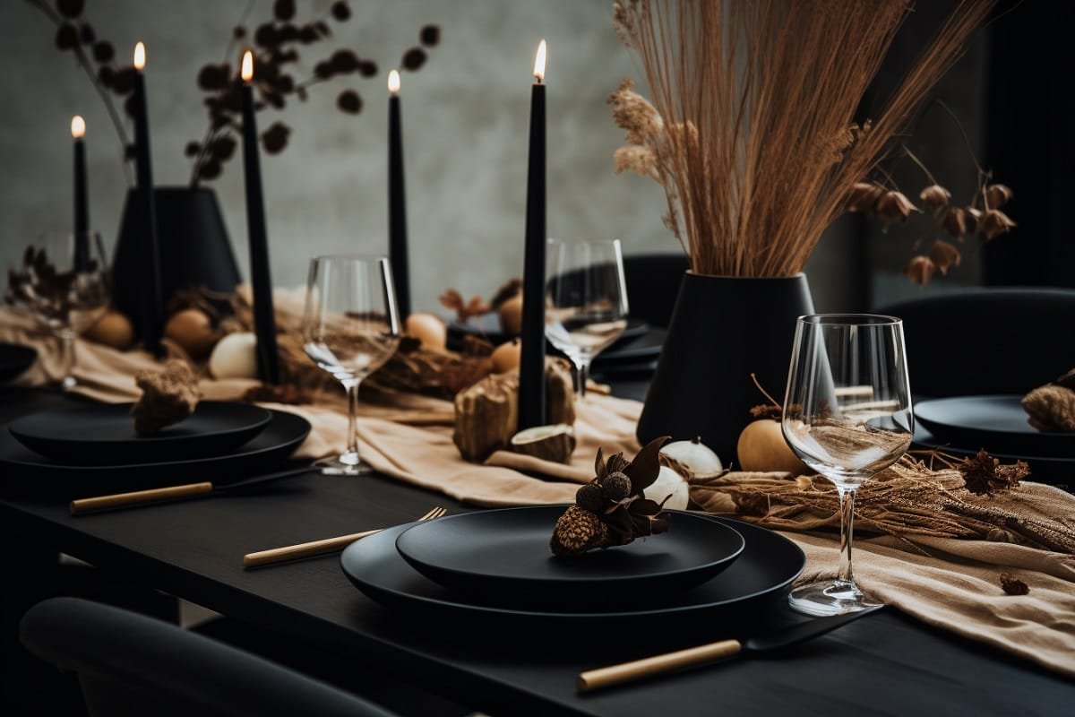 Décor et décor de table de Thanksgiving noir et naturel
