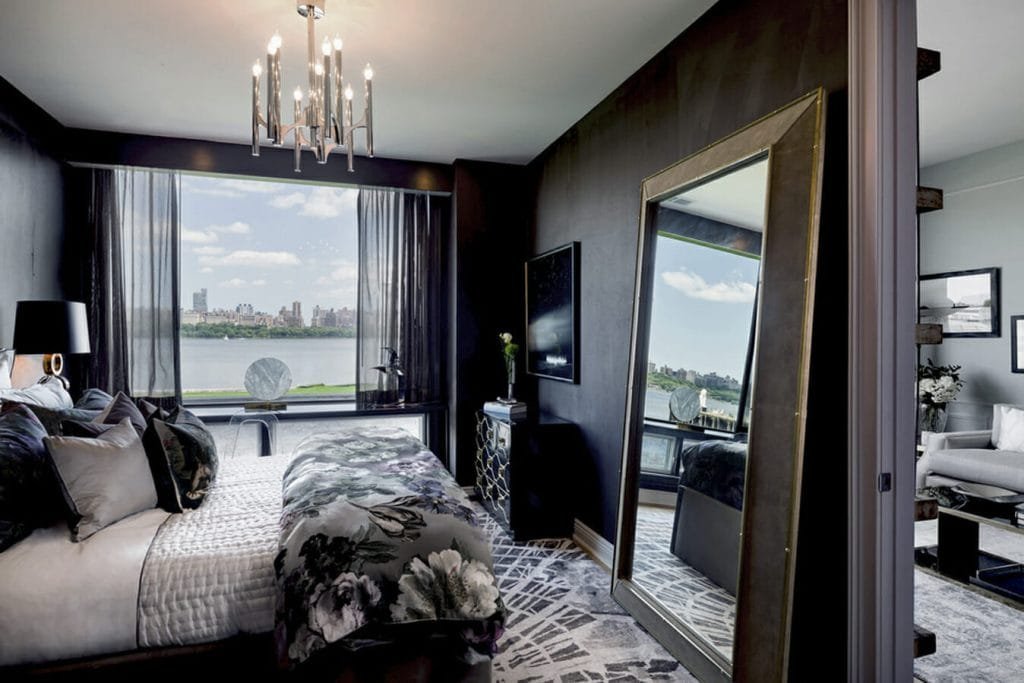 Dark and glamorous college bedroom interior design by Decorilla designer Joseph G.