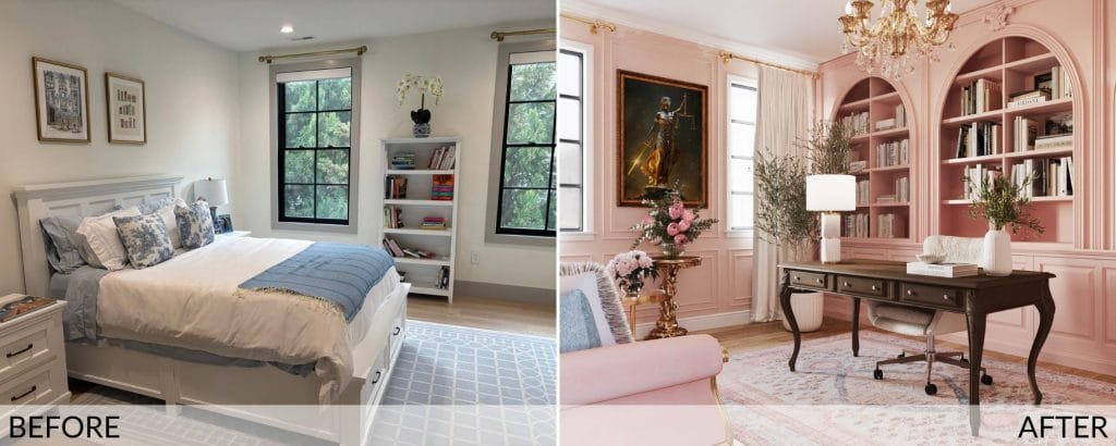 Interno di un ufficio domestico francese prima e dopo il progetto di Decorilla