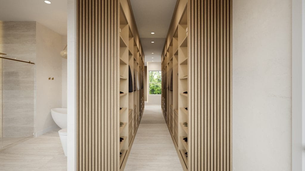 Modern luxury bathroom design with a walk-in closet, by Decorilla