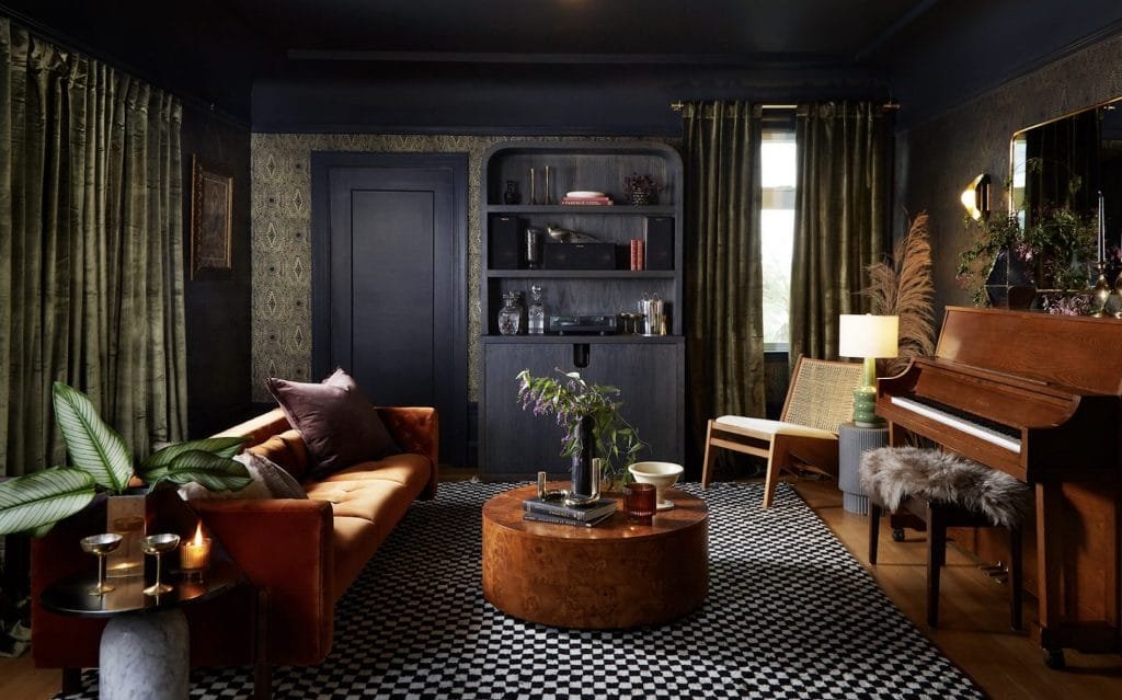 Tailored moody living room interior by Decorilla designer, Bridget B.—Can AI replace interior designers