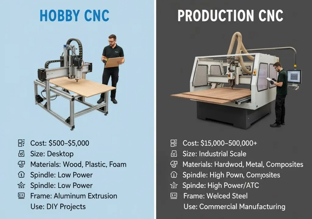 Comparison infographic showing differences between hobby and production-grade CNC routers