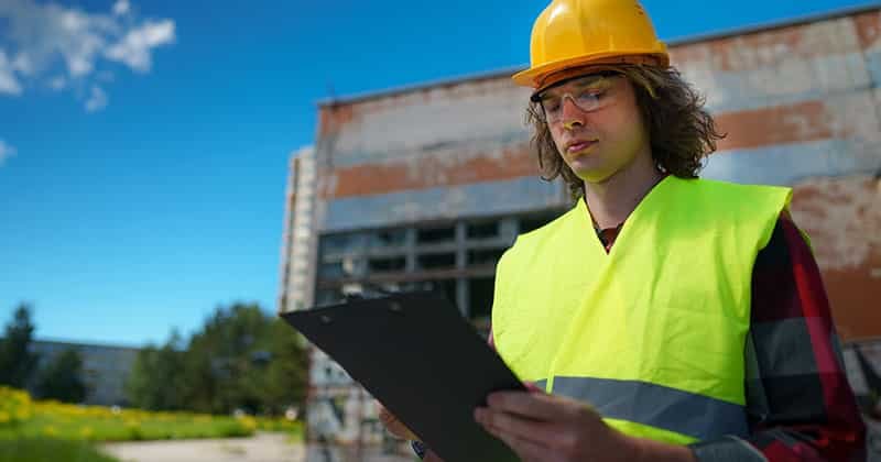 Contractor-in-hard-hat-takes-notes-at-construction-site