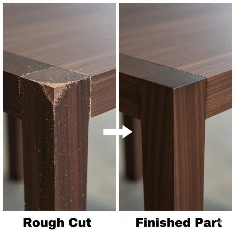 Before and after comparison of CNC routed custom furniture component showing precision finish