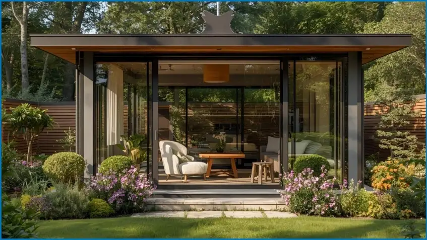 Ein Gartenbüro-Interieur mit großen Fenstern und Pflanzen.
