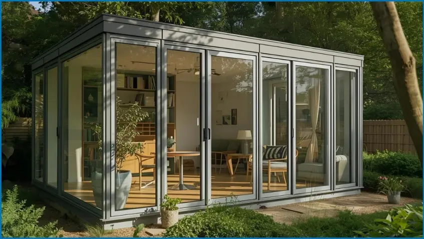 Ein Gartenbüro mit großen Fenstern für maximales Licht.