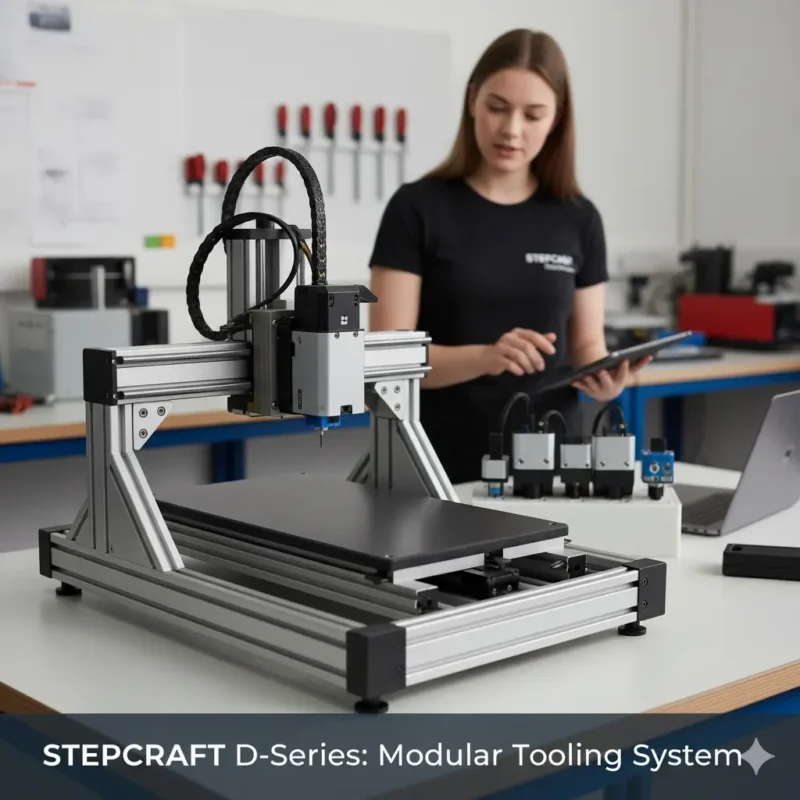 STEPCRAFT D Series CNC router showing modular tool head design for prototyping