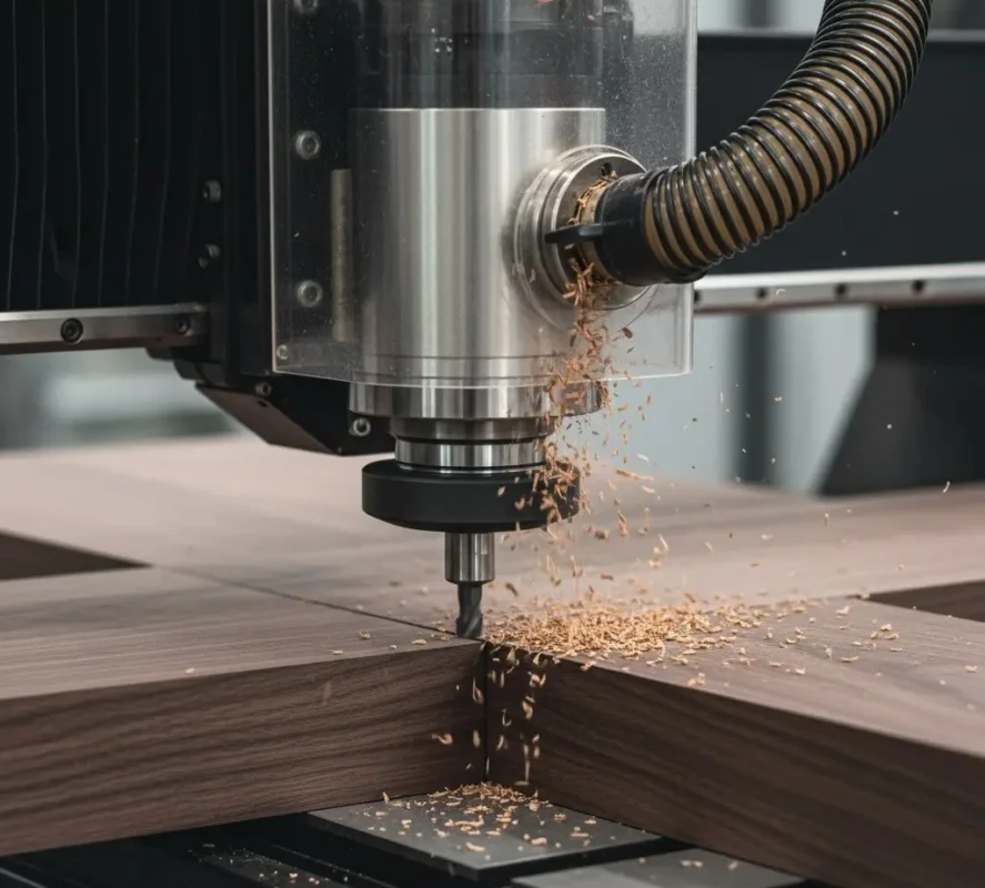 Heavy-duty CNC spindle cutting dense hardwood showing consistent chip removal