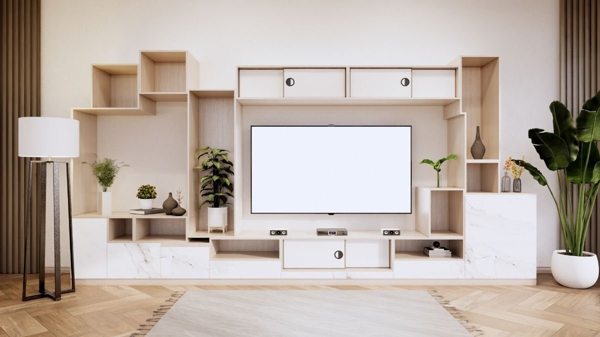 Integrated cabinets provide essential concealed storage for a clean look.