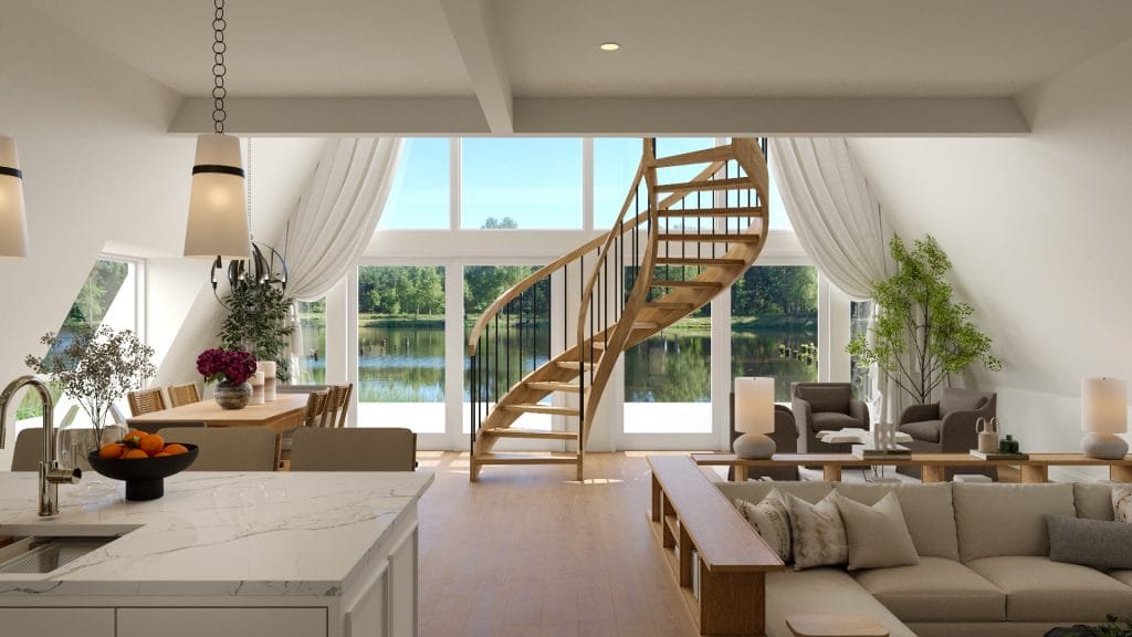 A-frame interior design of a cabin, by Decorilla