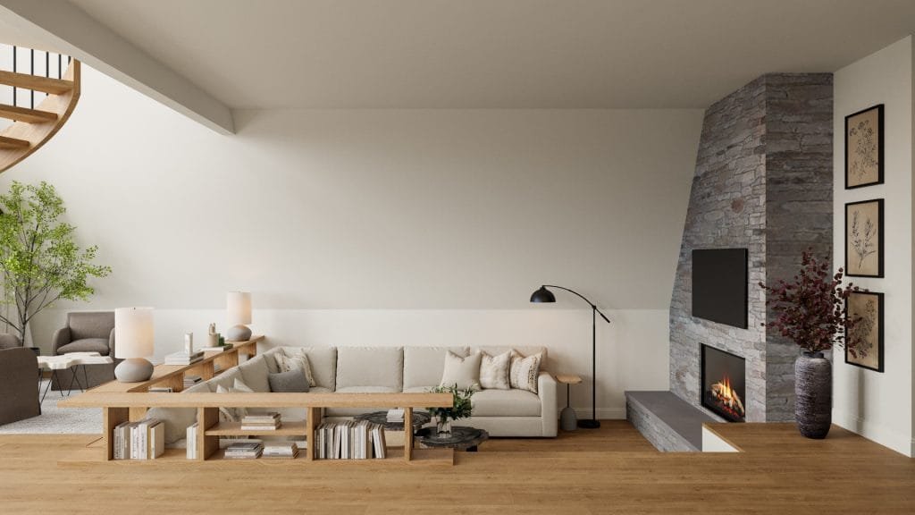 Sunken living room in an A-frame home interior by Decorilla