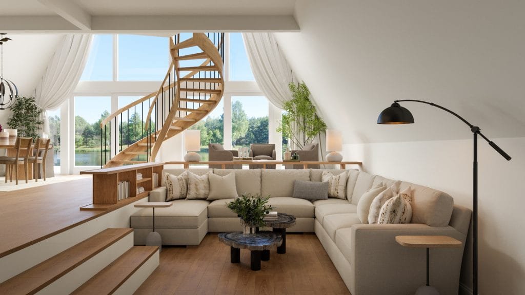 Contemporary A-frame house sunken living room by Decorilla