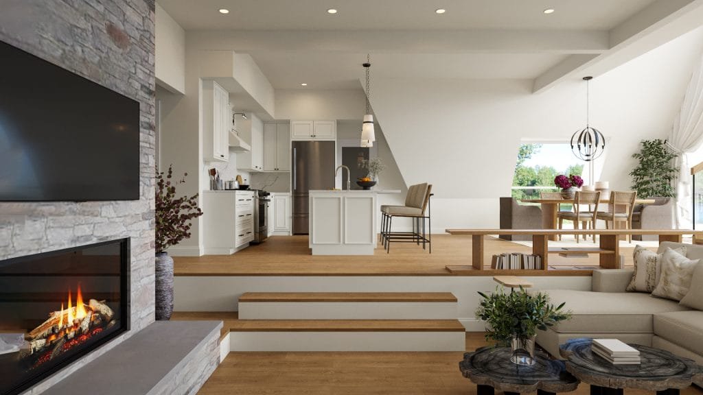 Contemporary A-frame house dining room and kitchen by Decorilla