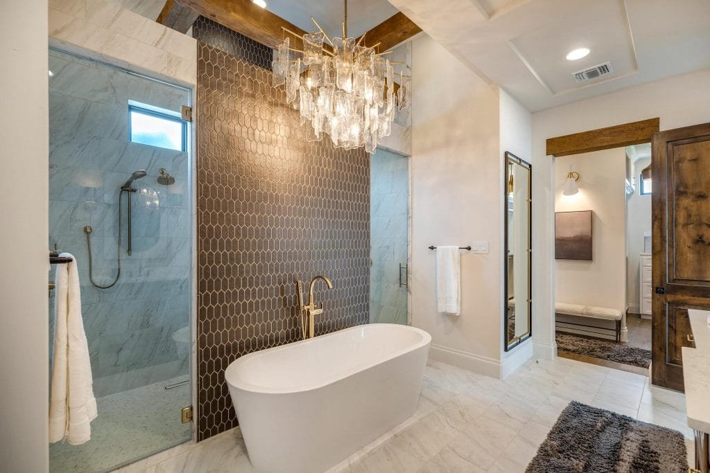 Transitional bathroom chandelier trends 2026 by DECORILLA designer, Erica G.