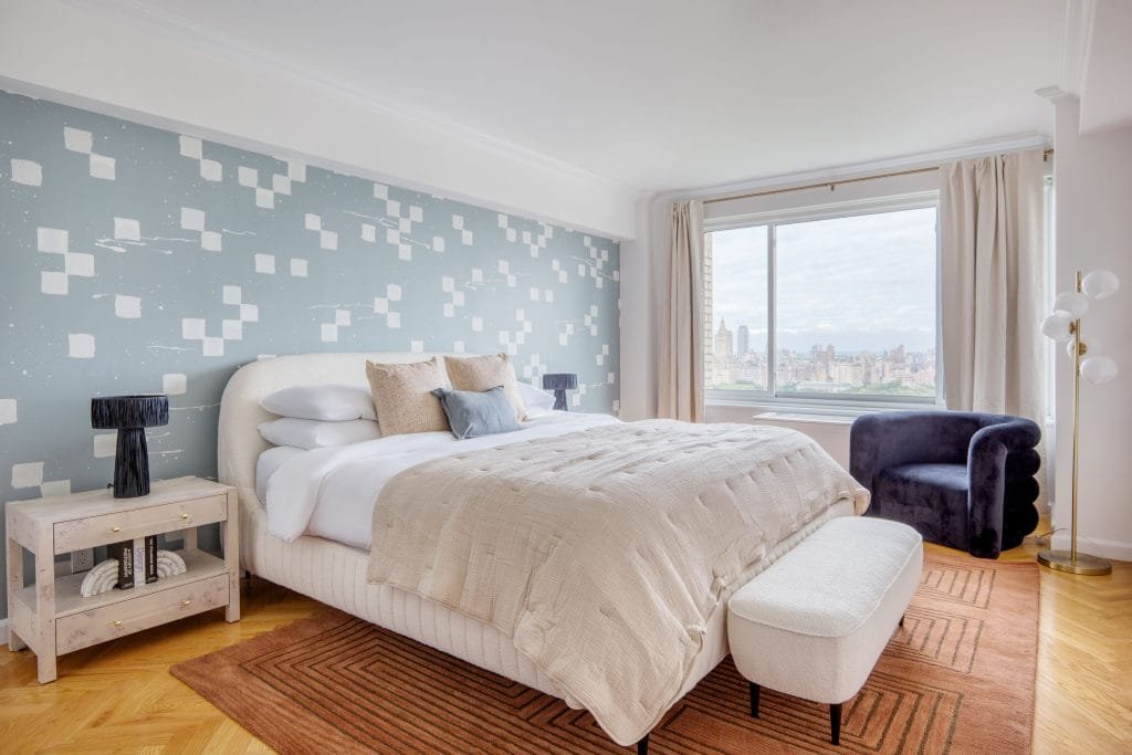 Types of Bed Frames – Upholstered Bed in a Contemporary Bedroom by Decorilla Designer, Megan W.