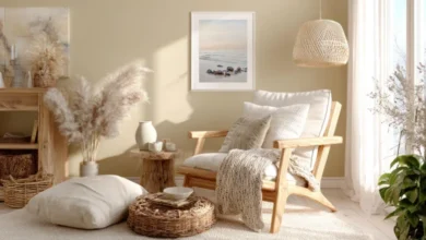 A wooden armchair styled with pillows, throws, and vases.