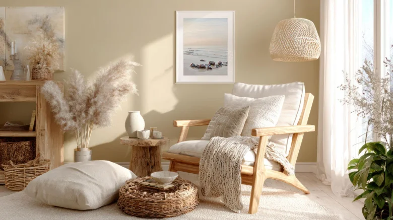 A wooden armchair styled with pillows, throws, and vases.