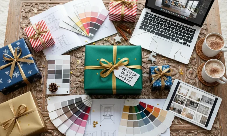 Festive gift box with interior design materials in a decorated Indian home.