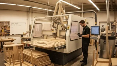 Small manufacturing shop with production CNC router cutting custom furniture components