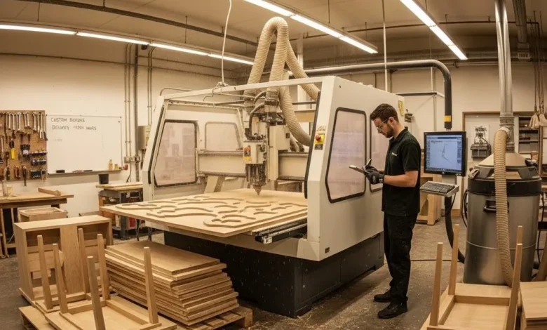 Small manufacturing shop with production CNC router cutting custom furniture components