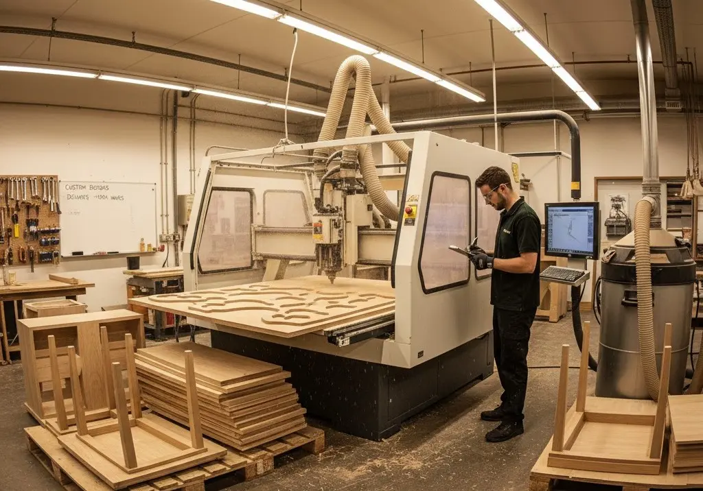 Small manufacturing shop with production CNC router cutting custom furniture components