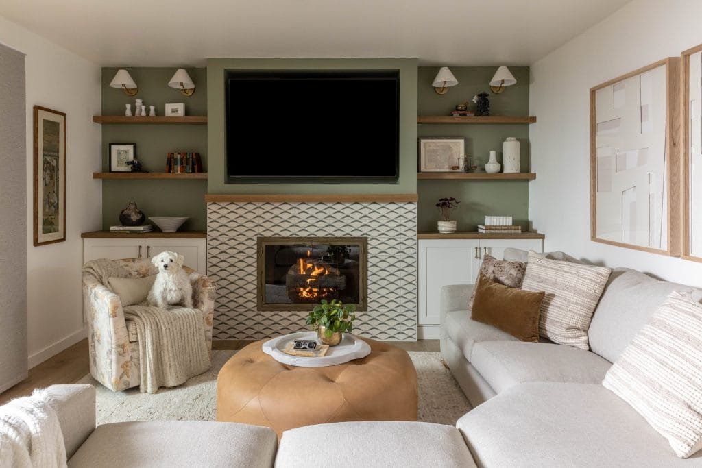 Interior decorating gift ideas around the fireplace in a living room by Decorilla designer, Megan W.